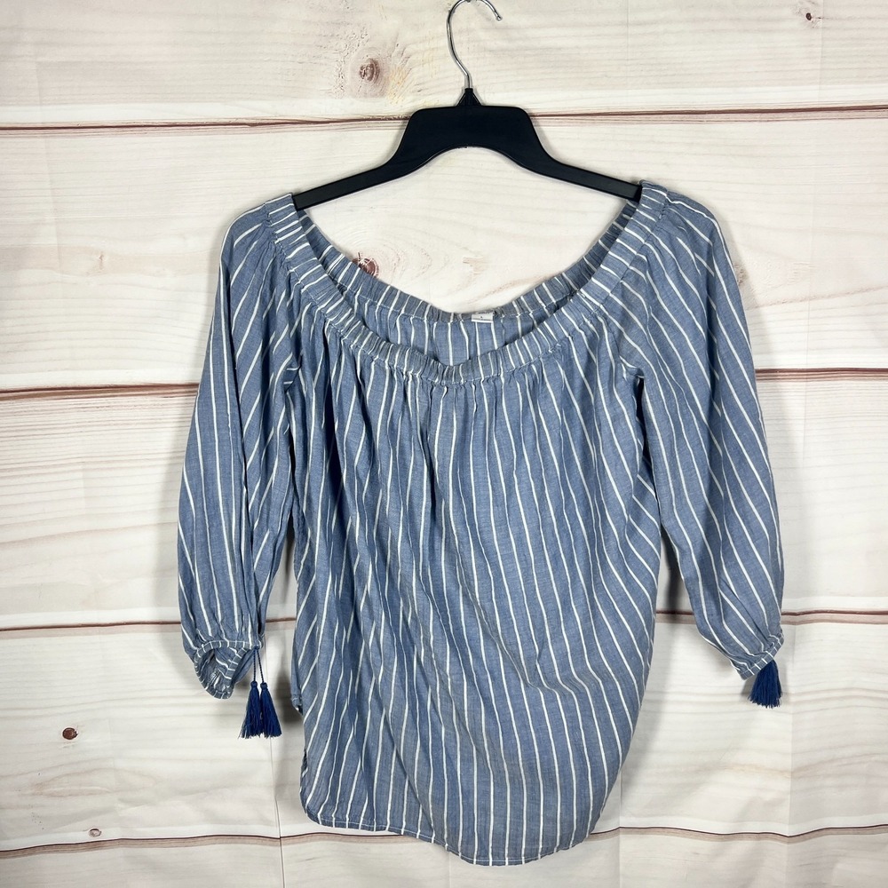 Old Navy Top Women Large Blue Striped Blouse Off The Shoulder Lightweight Tassel